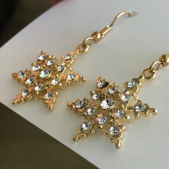 Gold Clear Crystals Christmas Holiday Snowflake Drop Earrings - Picture 4 of 4